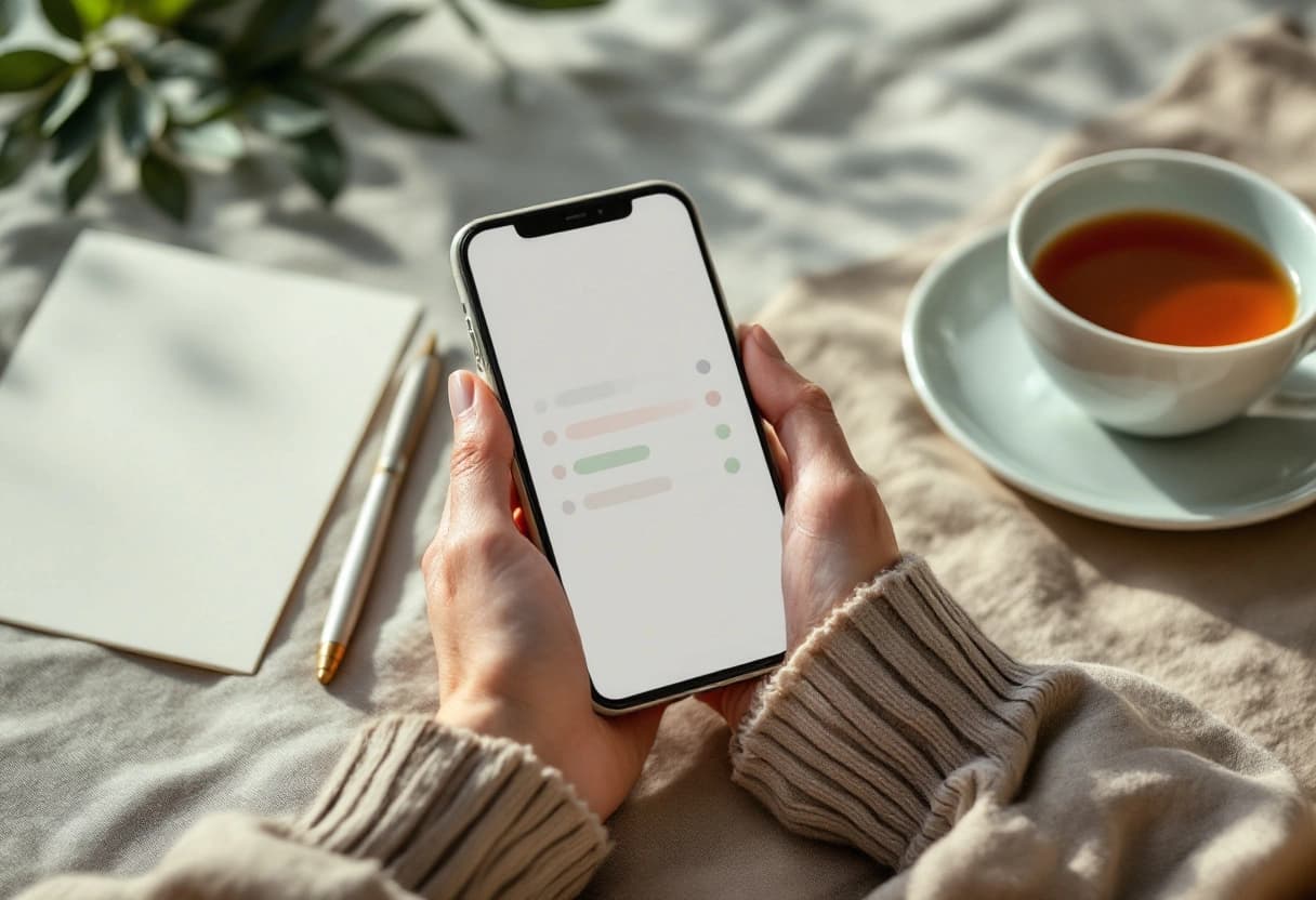 Close view of hands holding a phone showing an RSVP list beside a cup of tea