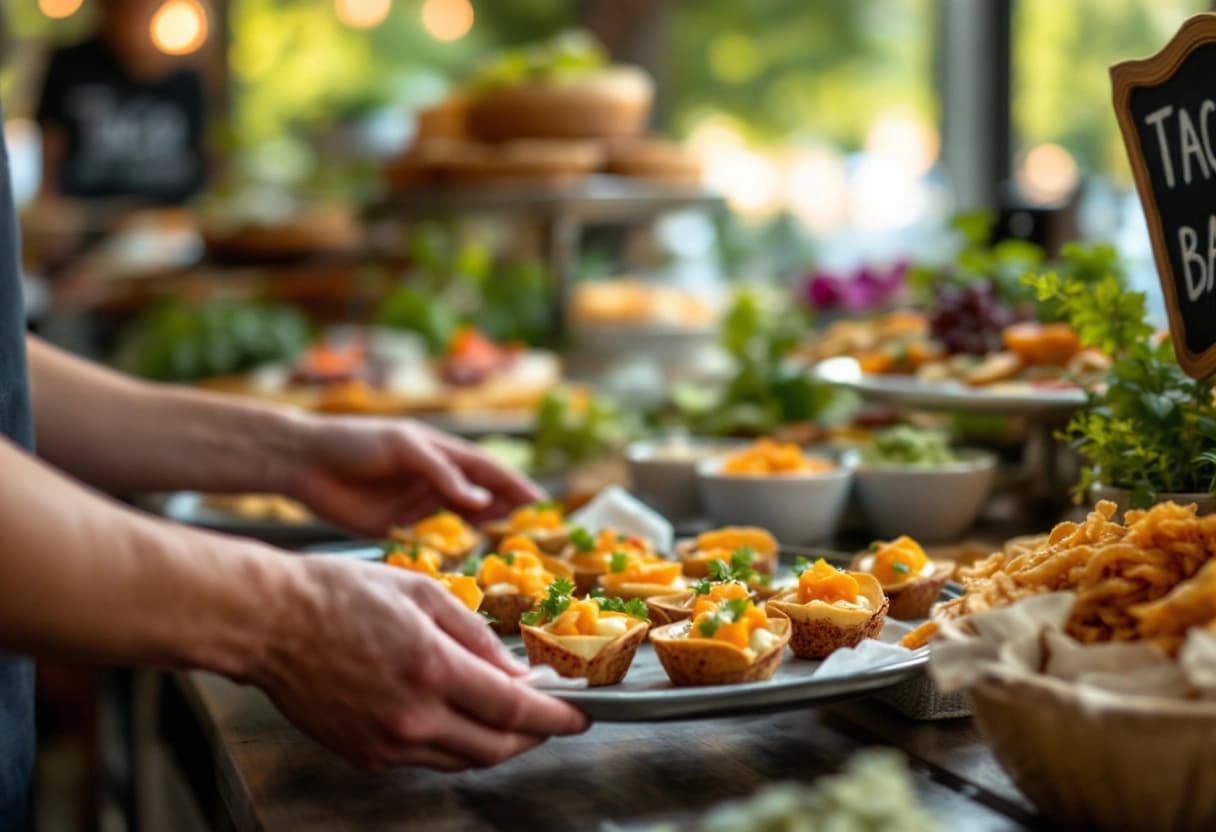 Caterer plating appetizers for a birthday party buffet with a taco bar station in the background