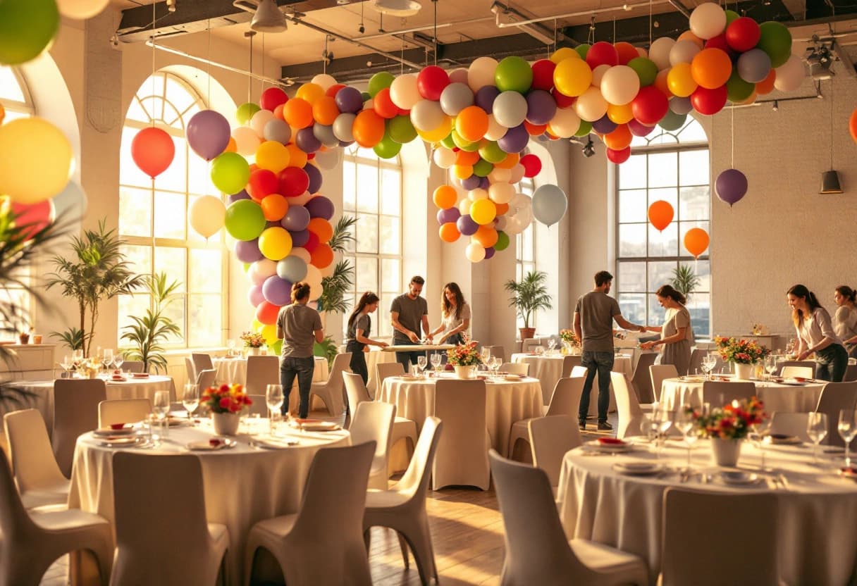 Event hall staff setting up round tables with tablecloths and balloon garland for a mid-size birthday party