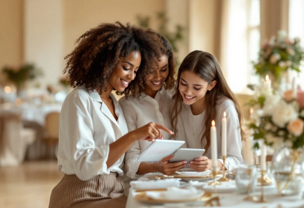 Família revisando o orçamento e a decoração das mesas no salão antes da festa de 15 anos