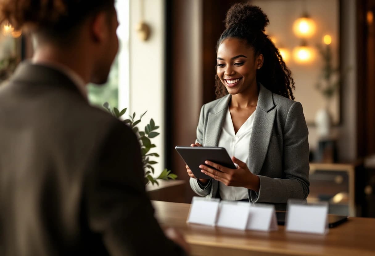 Event check-in desk with a host holding a tablet, blank name badges and a small eucalyptus arrangement