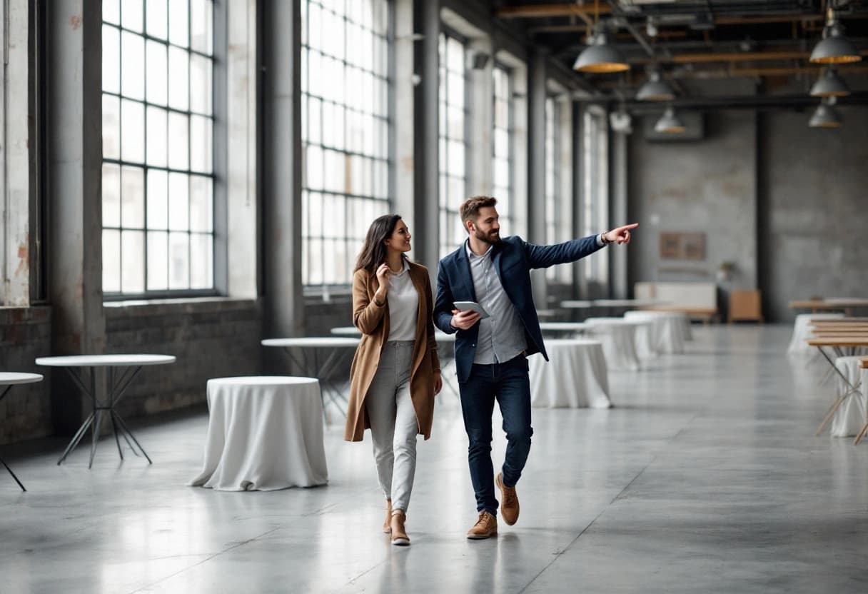 Two colleagues walking through an empty event venue during a daytime site visit, one holding a tablet