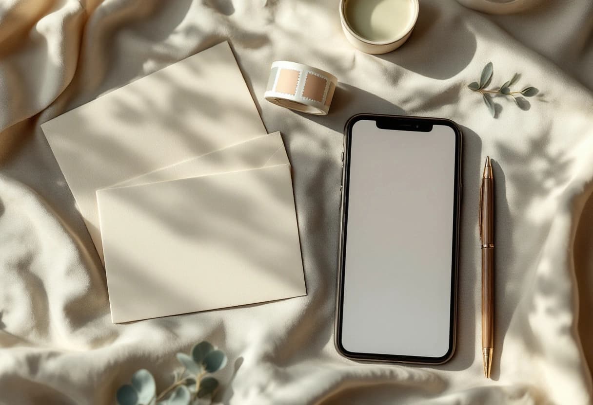 Blank letterpress cards and envelopes on the left, a phone showing a digital invitation on the right