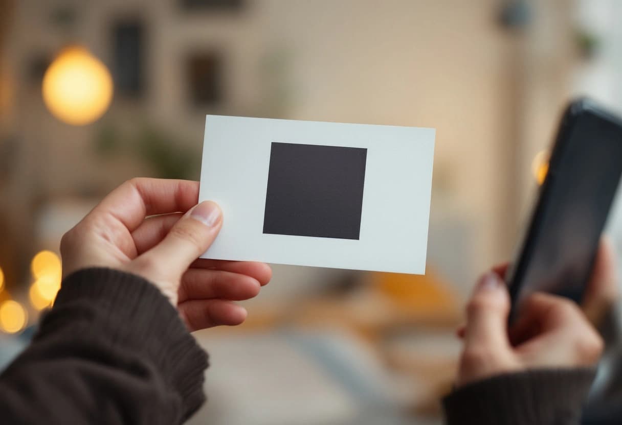 Zwei Hände halten eine gedruckte Einladungskarte mit QR-Code, daneben ein Smartphone