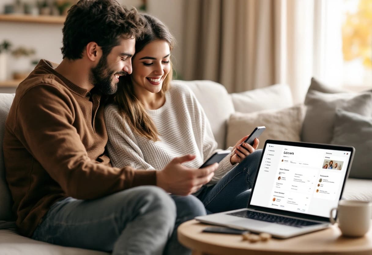 Couple reviewing a digital event invitation and RSVP list together on a smartphone at home