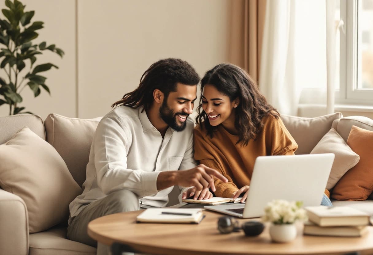 Casal conferindo juntos a lista de confirmações do casamento no notebook
