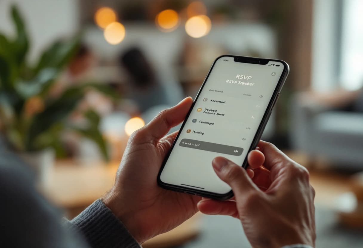 Phone showing a live free RSVP tracker with accepted, declined, and pending guest responses