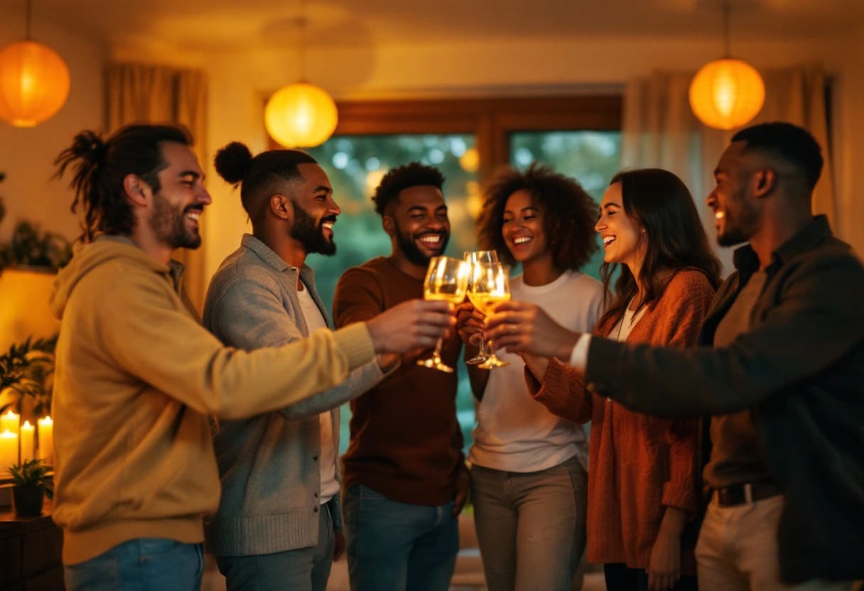 Sechs Freundinnen und Freunde stoßen bei einer Geburtstagsparty im warm beleuchteten Wohnzimmer mit Gläsern an