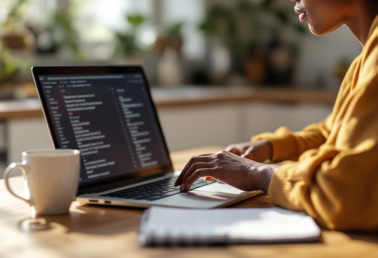 Host reviewing an event guest list on a laptop beside a coffee at a sunlit kitchen table