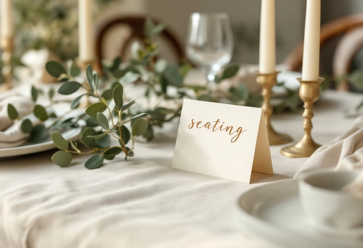Elegant table setting with folded seating cards, candles and greenery on a linen runner