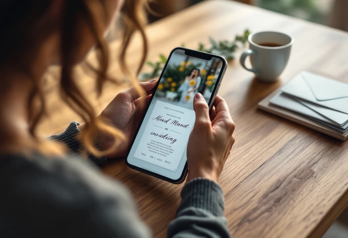 A woman holding a phone above a wedding invitation card on a kitchen table while checking a wedding RSVP QR code