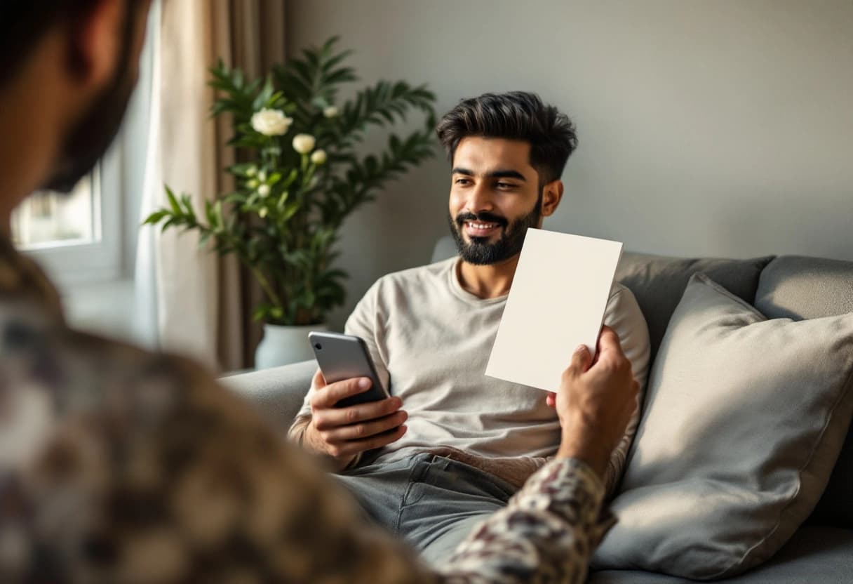 Guest replying to a digital wedding RSVP on a smartphone while holding the printed invitation with a QR code