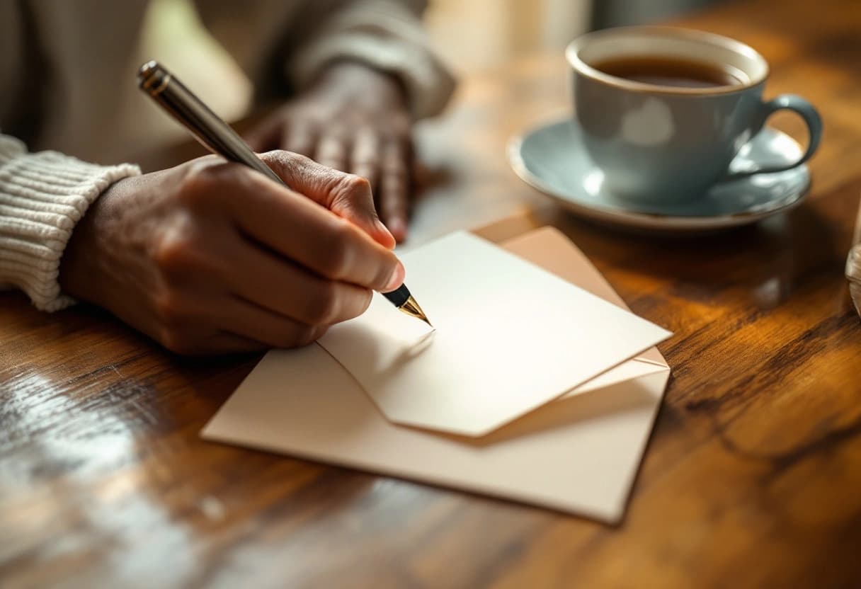 Hands writing a name on a wedding RSVP reply card next to the opened invitation envelope