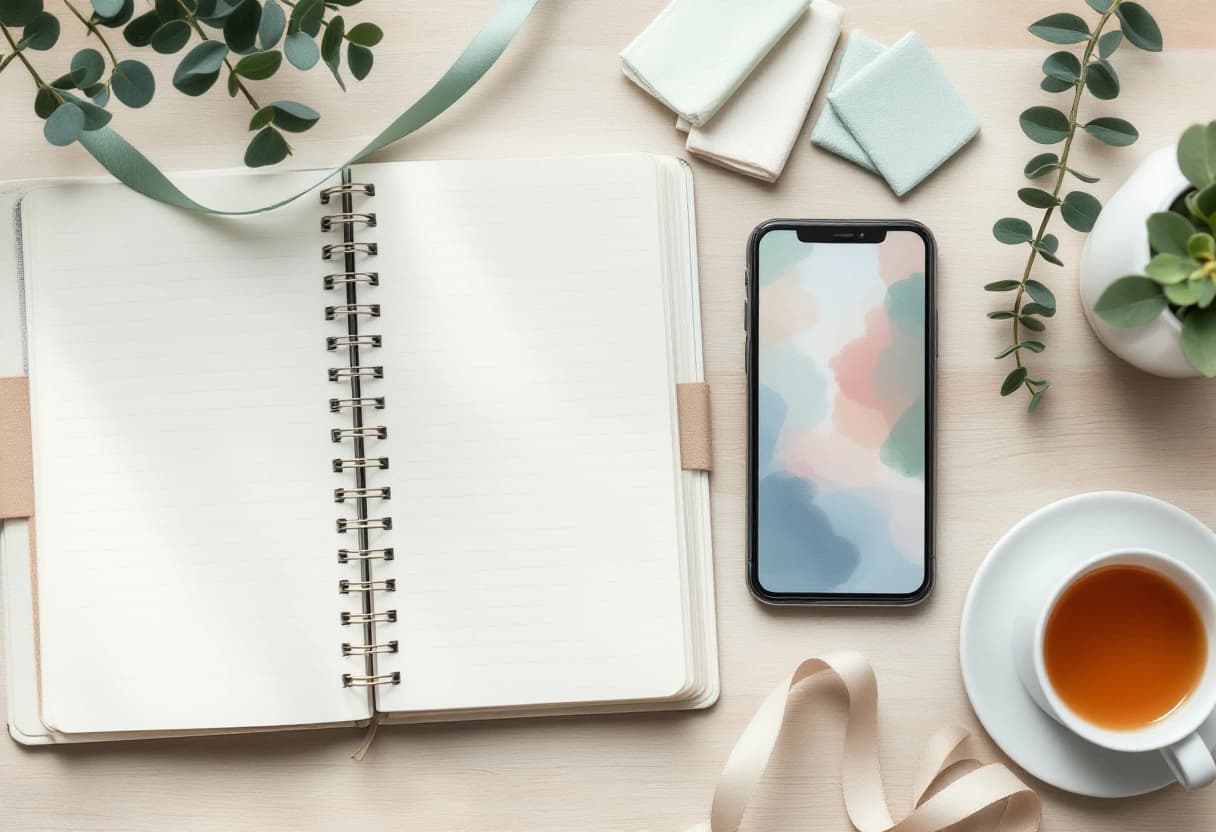 Overhead flat lay of a baby shower planning notebook, phone, ribbon and eucalyptus on a pale oak table