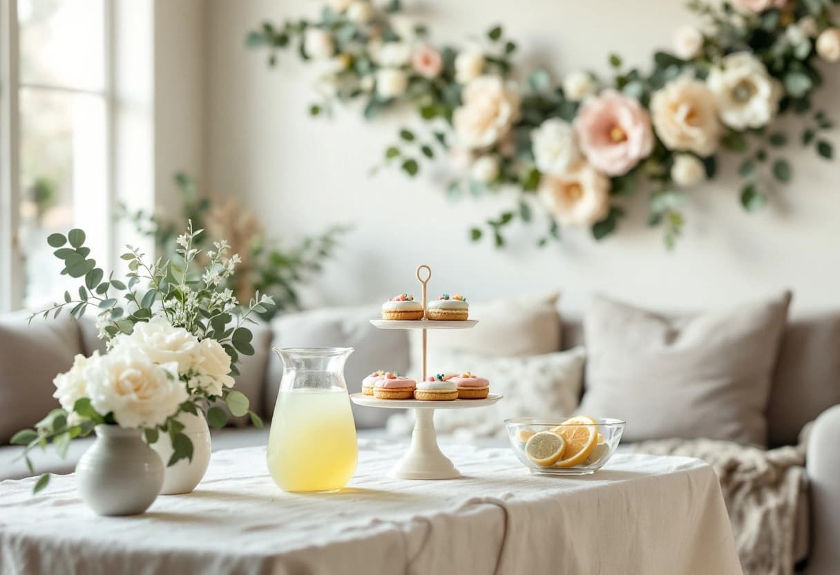 Baby shower dessert table with a cake stand, lemonade and eucalyptus arrangements in a bright room