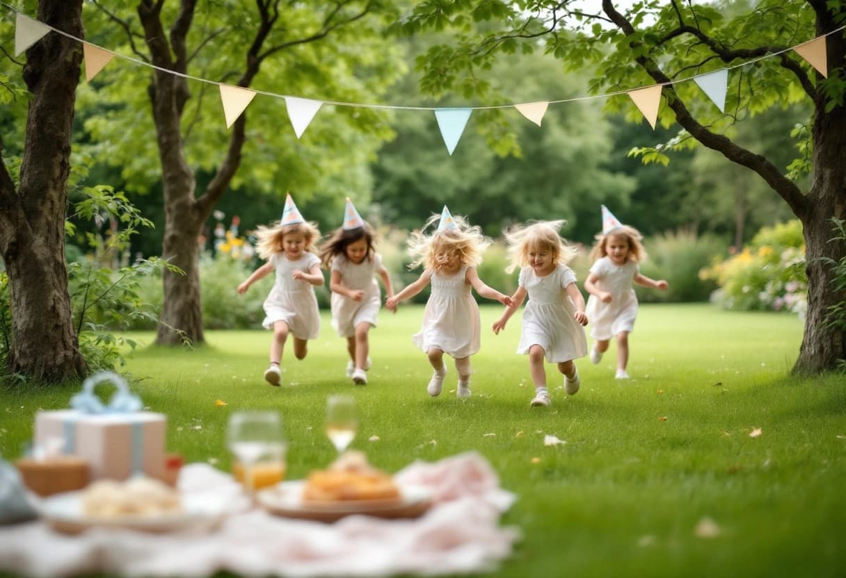 Kinder rennen bei einem Kindergeburtstag über eine Gartenwiese, im Vordergrund eine Picknickdecke