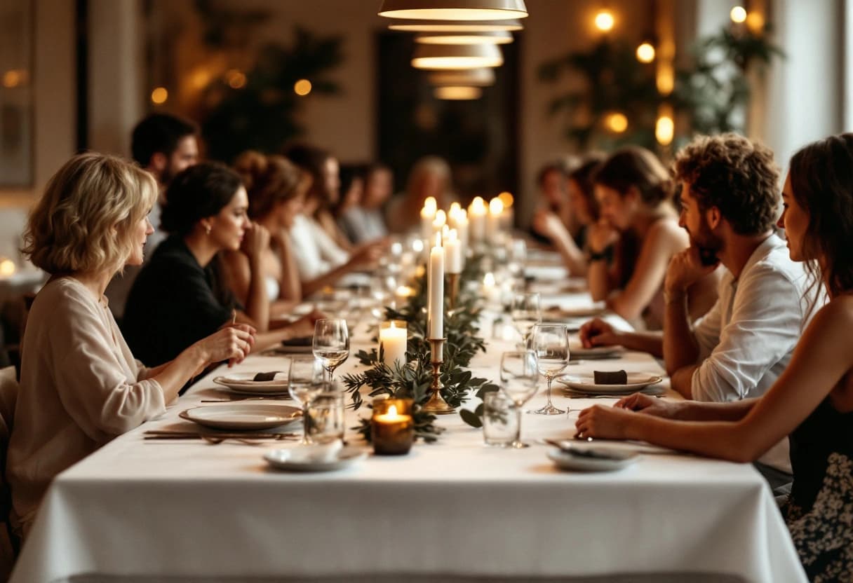 Feestelijk gedekte tafel met glazen, kaarsen en bloemen voor een kroonjaar feest