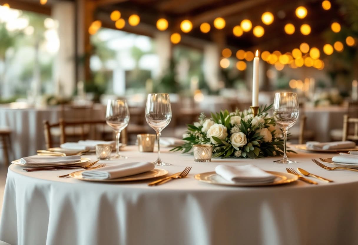 Mesa redonda posta para a festa de casamento em um salão, com louça, talheres dourados e arranjo baixo de flores