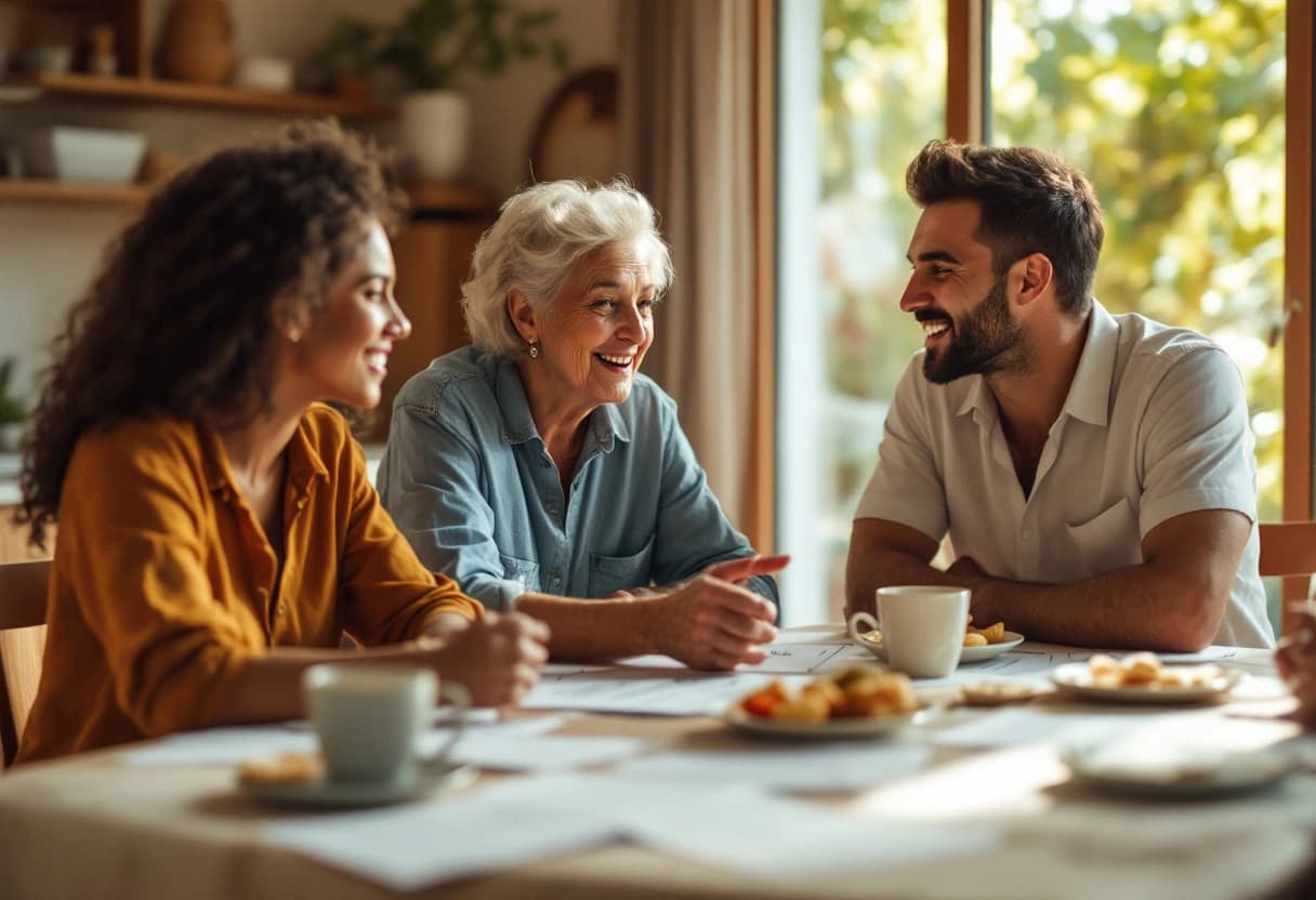 Familiares reunidos ao redor da mesa de jantar discutindo a lista de convidados do casamento com listas impressas e café