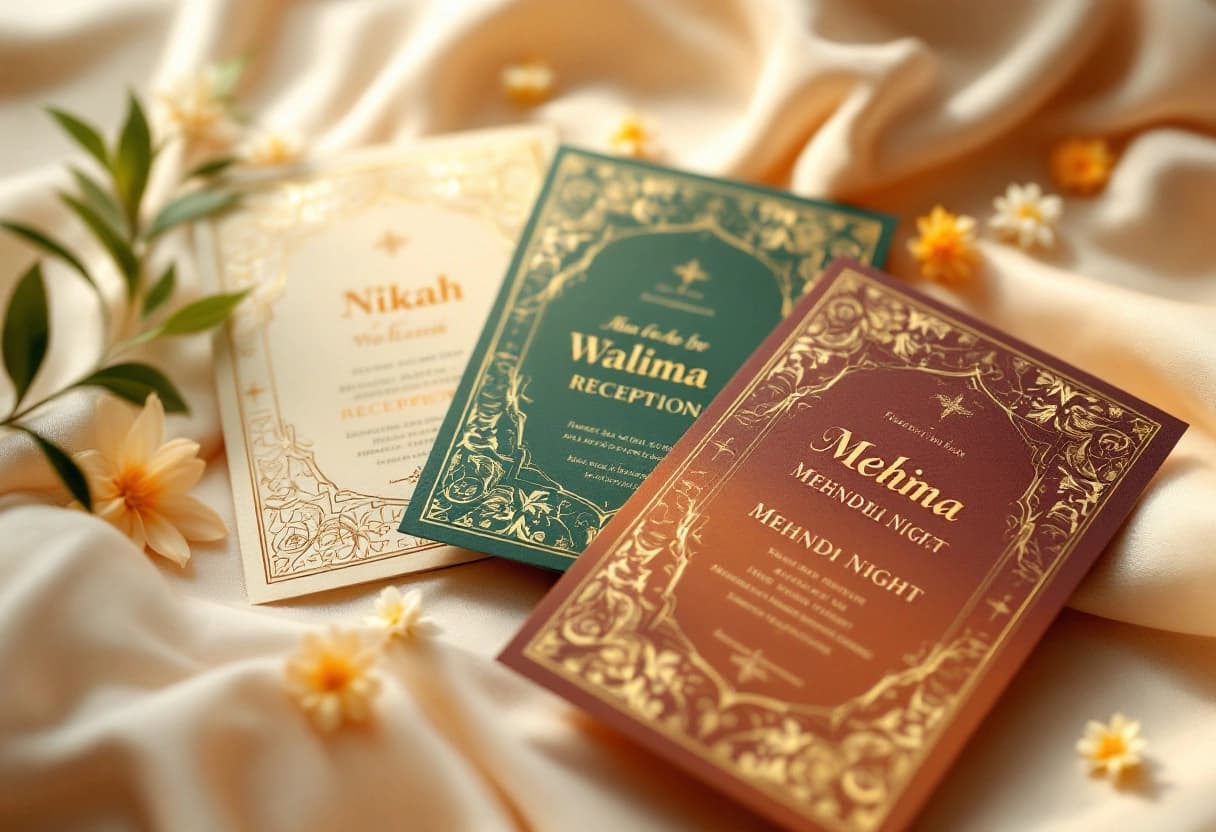A set of coordinated Muslim wedding invitation cards for the Nikah, Walima, and Mehndi fanned out on an ivory surface
