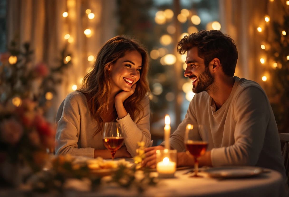 Engaged couple reviewing a rehearsal dinner invitation and guest list