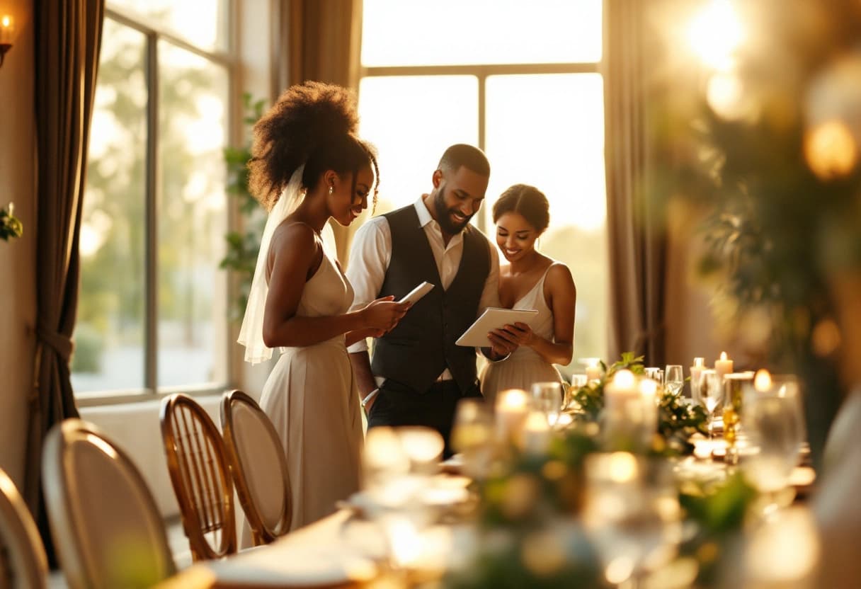 Cerimonialista e casal revisando a contagem de convidados ao lado da mesa do buffet no salão de festas