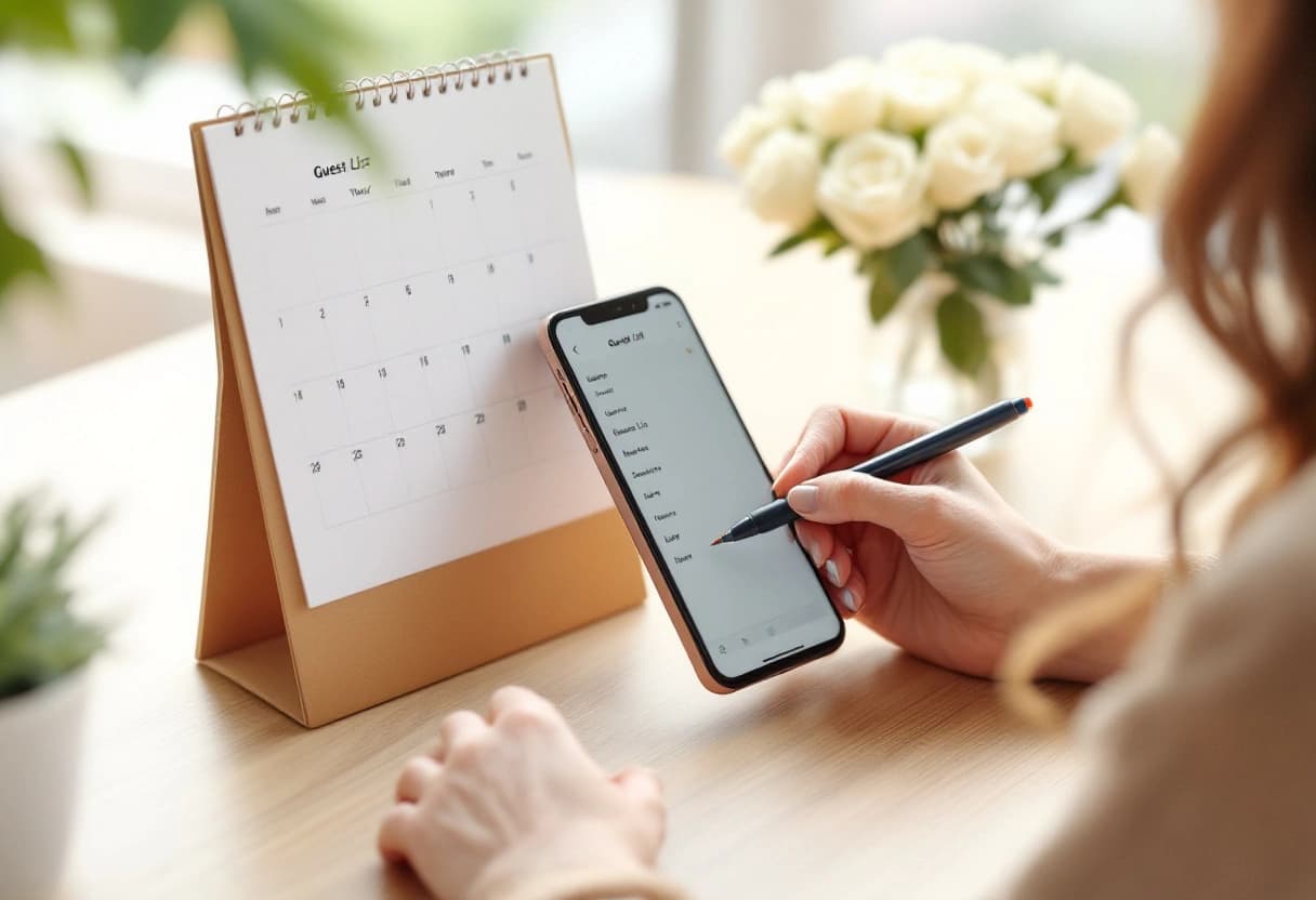 Mãos marcando a data do prazo de confirmação de presença em um calendário de parede ao lado do celular com a lista de convidados