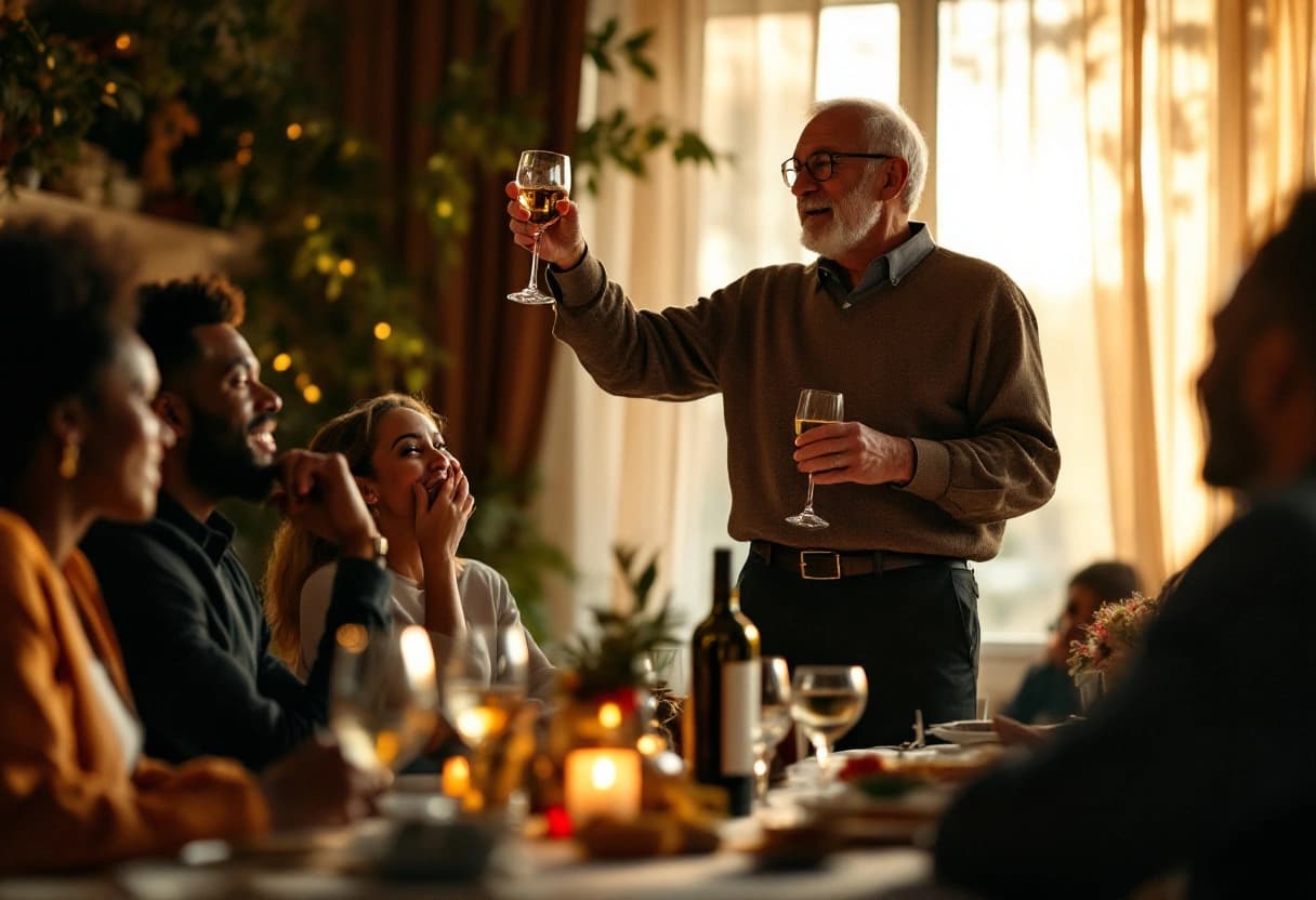 Gast hält eine Rede und stößt mit dem Glas an bei der Feier zum runden Geburtstag