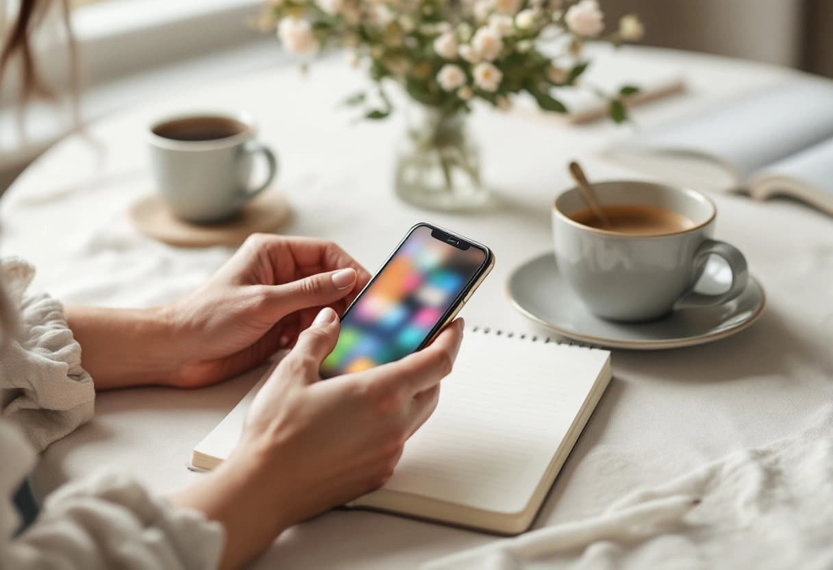 Vrouw plant de gastenlijst voor een verjaardagsfeest op haar telefoon met een notitieblok en koffie op tafel