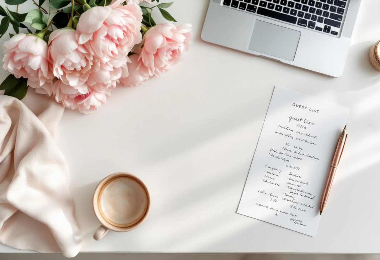 Small wedding planning workspace with invitation samples, floral details, and a laptop showing guest management tools