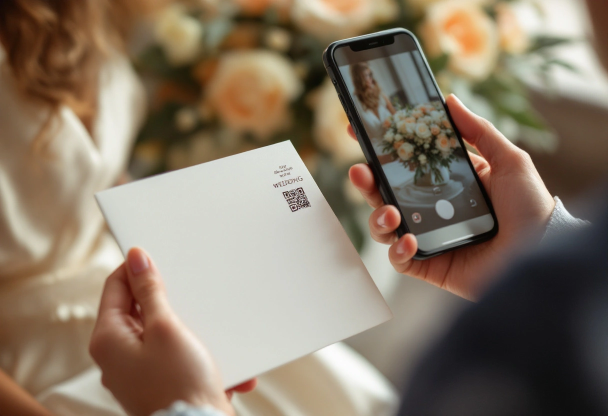 Printed wedding invitation with a QR code linking to an RSVP page, held in a person's hands